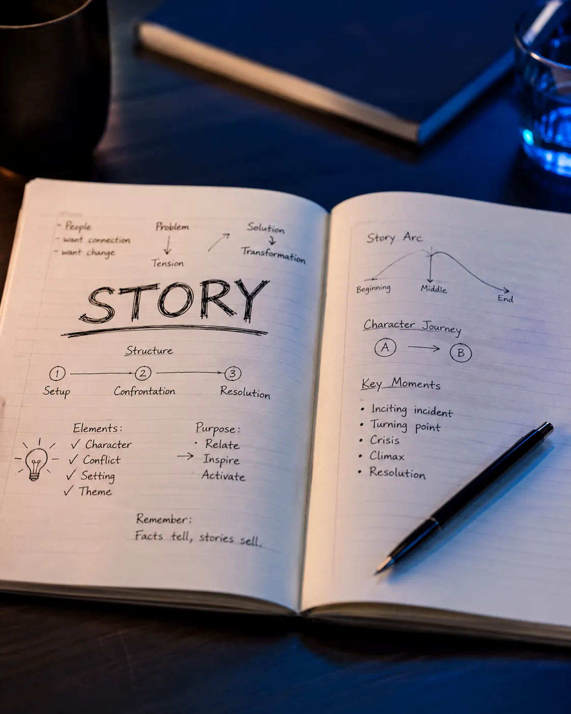 Carnet présentant la structure d’une histoire